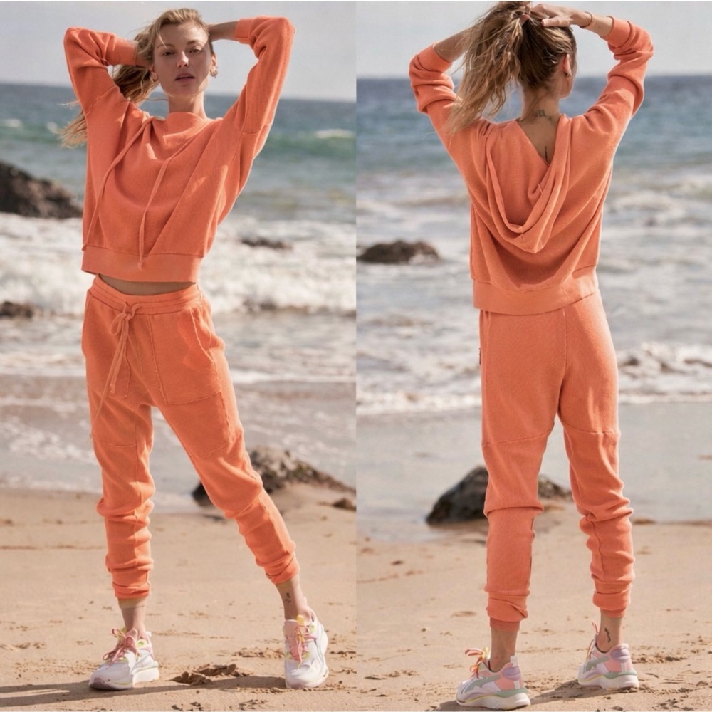 Free People SET Simple Waffle Jogger and Hoodie Orange Peach